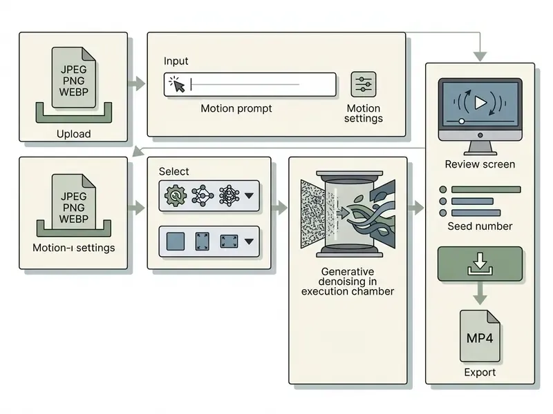 Flowchart detailing the steps to convert an image to video using AI, from file upload to MP4 export