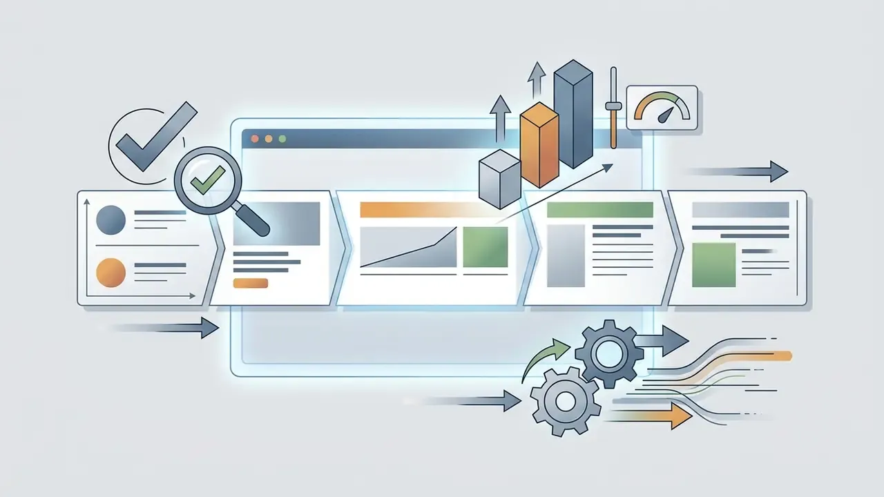 Magnifying glass reviewing slide layouts with data charts and gears adjusting content for an AI presentation maker