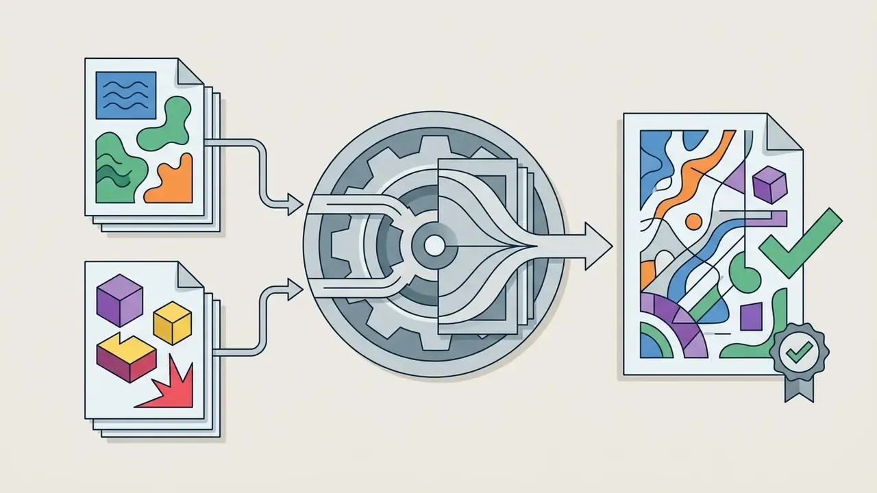 Two document stacks feeding into a central gear mechanism that outputs a single combined art document