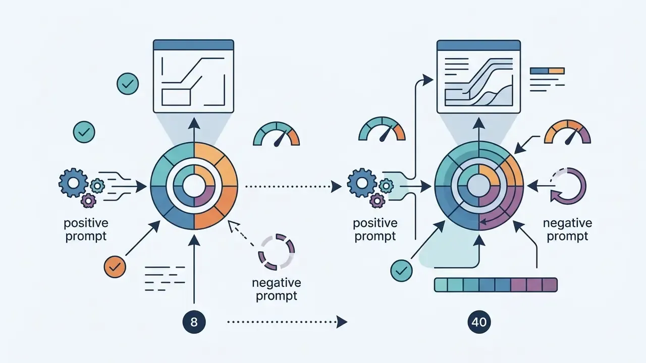 Two circular processing models comparing prompt influence at eight versus forty generation steps