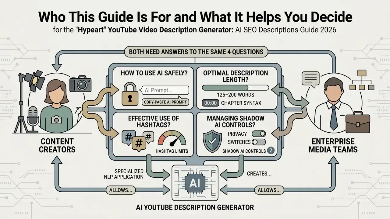 Infographic showing how content creators and enterprise teams use an AI YouTube video description generator