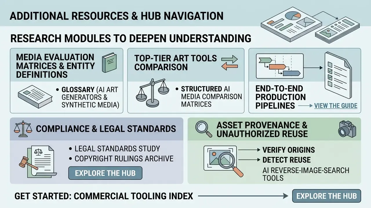 Infographic showing research modules for AI art generators, legal standards, and asset provenance tools