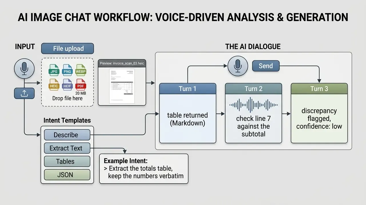 Diagram mapping a file upload and intent selection to a multi-turn voice-based analysis dialogue