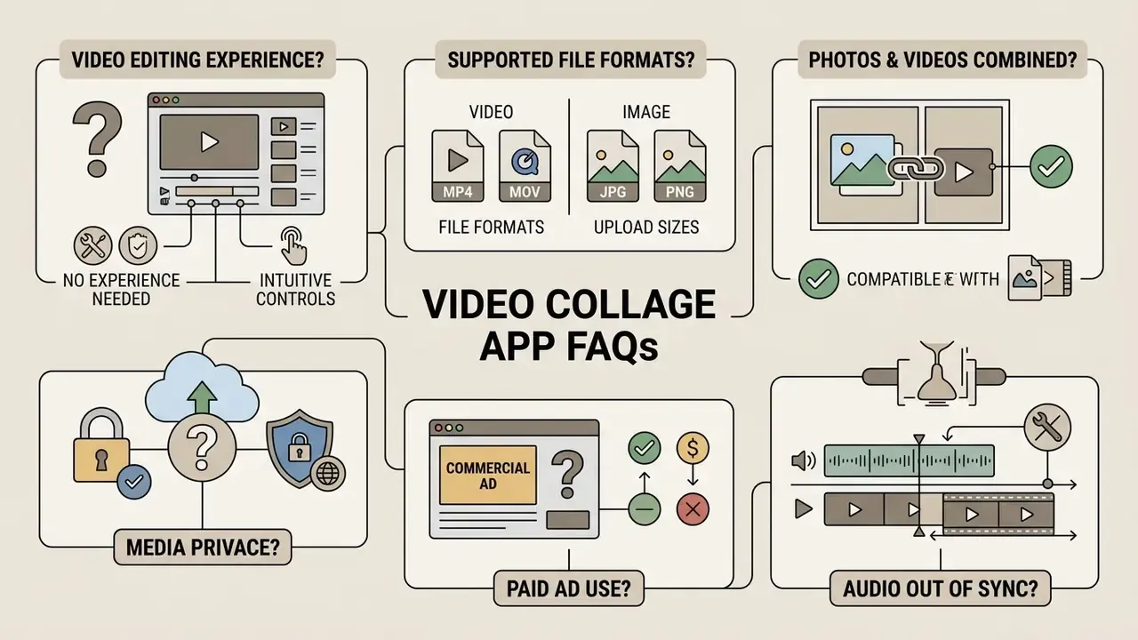 Infographic answering common questions about media editing, file formats, privacy, and audio synchronization
