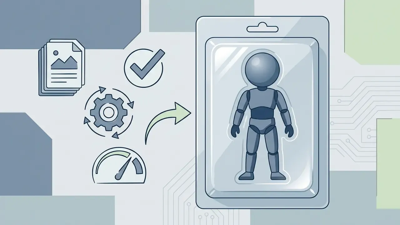 Icons representing image processing and settings pointing to a stylized action figure in a blister pack