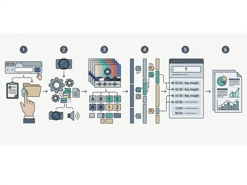 Six step flowchart showing how an AI that can watch videos processes uploaded files into structured insights
