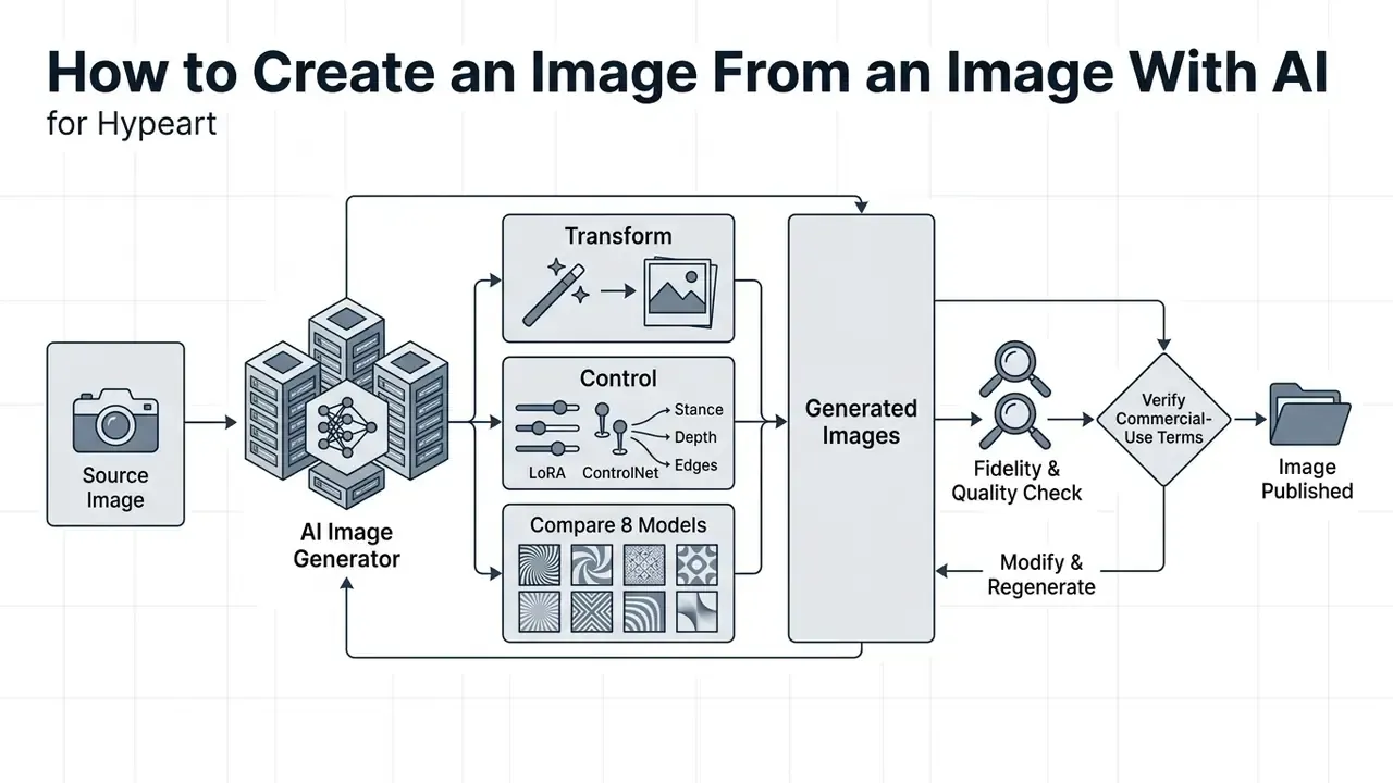 Step-by-step workflow diagram showing the transformation of a source image into a published AI output