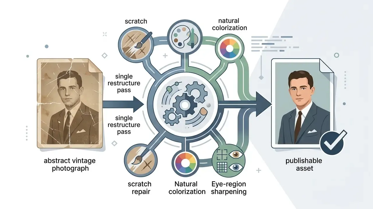 Workflow showing a damaged vintage photo being restored through gear-based processing into a clean asset