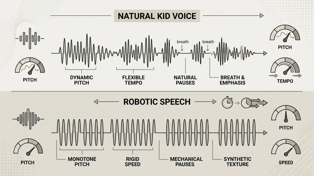 Comparison infographic showing sound wave differences between natural kid voice and robotic speech