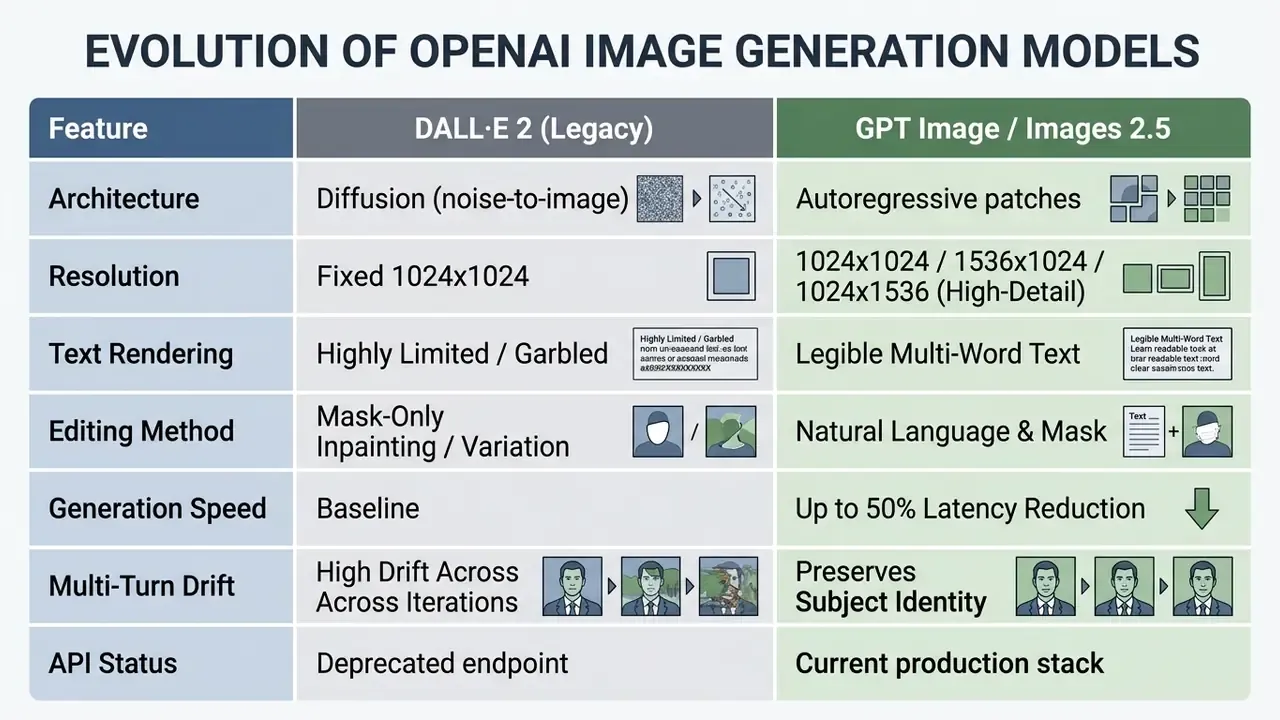 Comparison table detailing technical advancements between DALL-E 2 and newer GPT image generation models