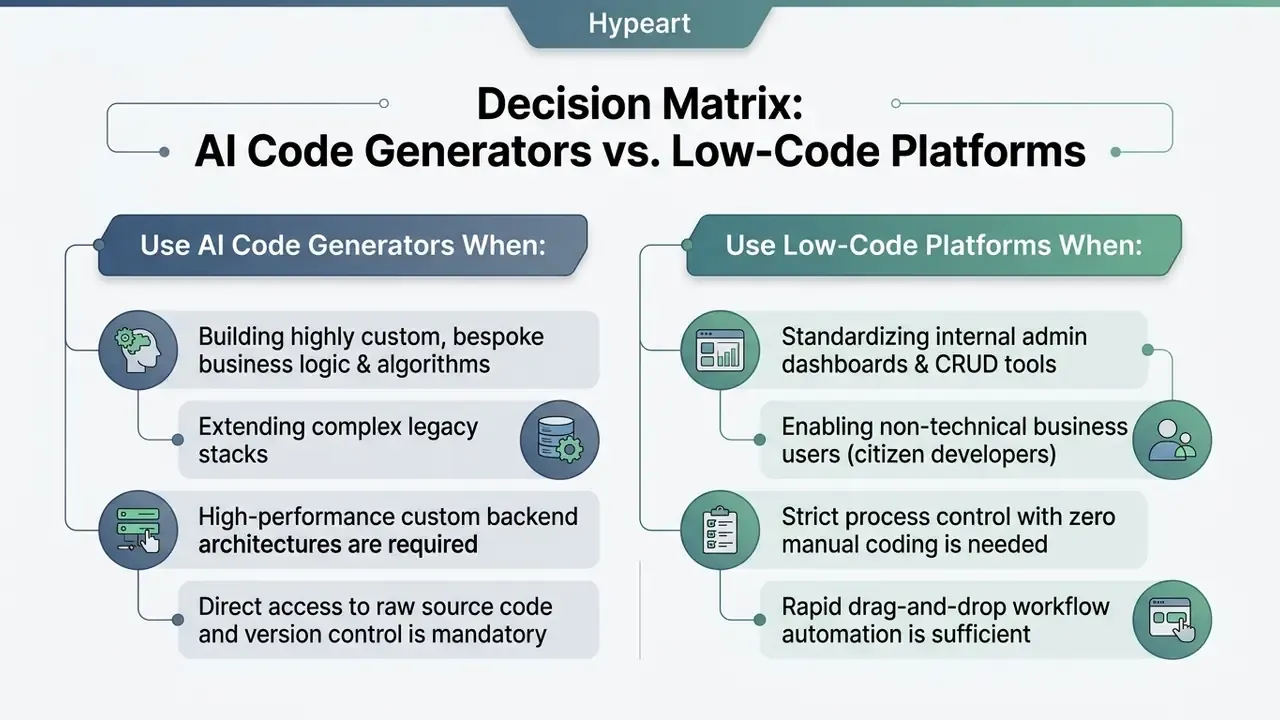 Comparison table listing specific use cases for choosing between AI code generators and low-code platforms