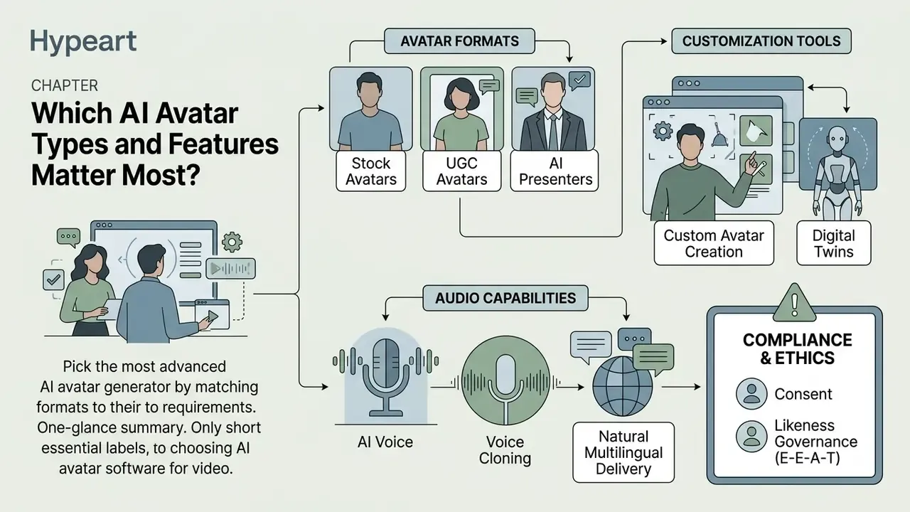 Diagram mapping AI avatar formats, customization tools, audio capabilities, and compliance requirements