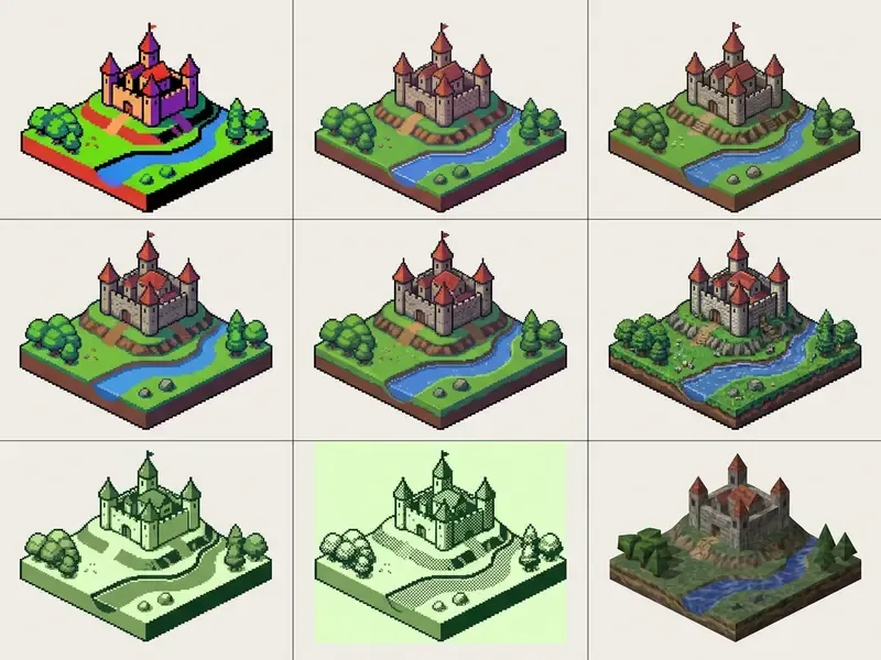 Grid of ai pixel art castle scenes demonstrating varying bit depths and retro hardware color palettes