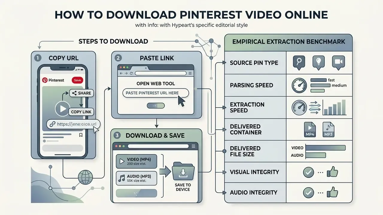 Diagram showing the three steps to download Pinterest video online alongside an extraction benchmark table