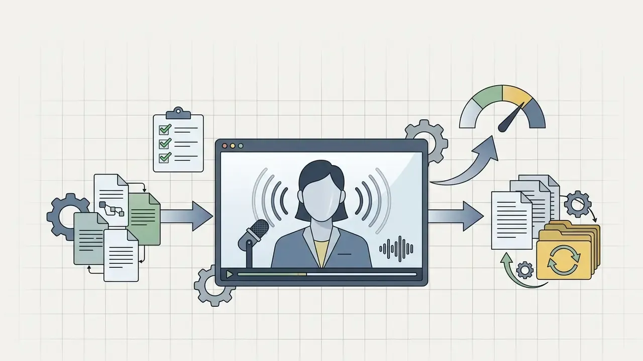 Digital avatar video production workflow showing document inputs and processed media outputs