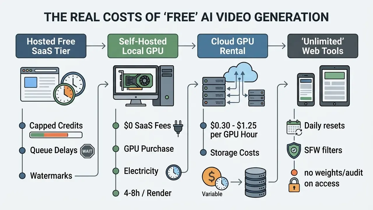 Categorized breakdown of financial and resource costs for various open source AI video generator methods