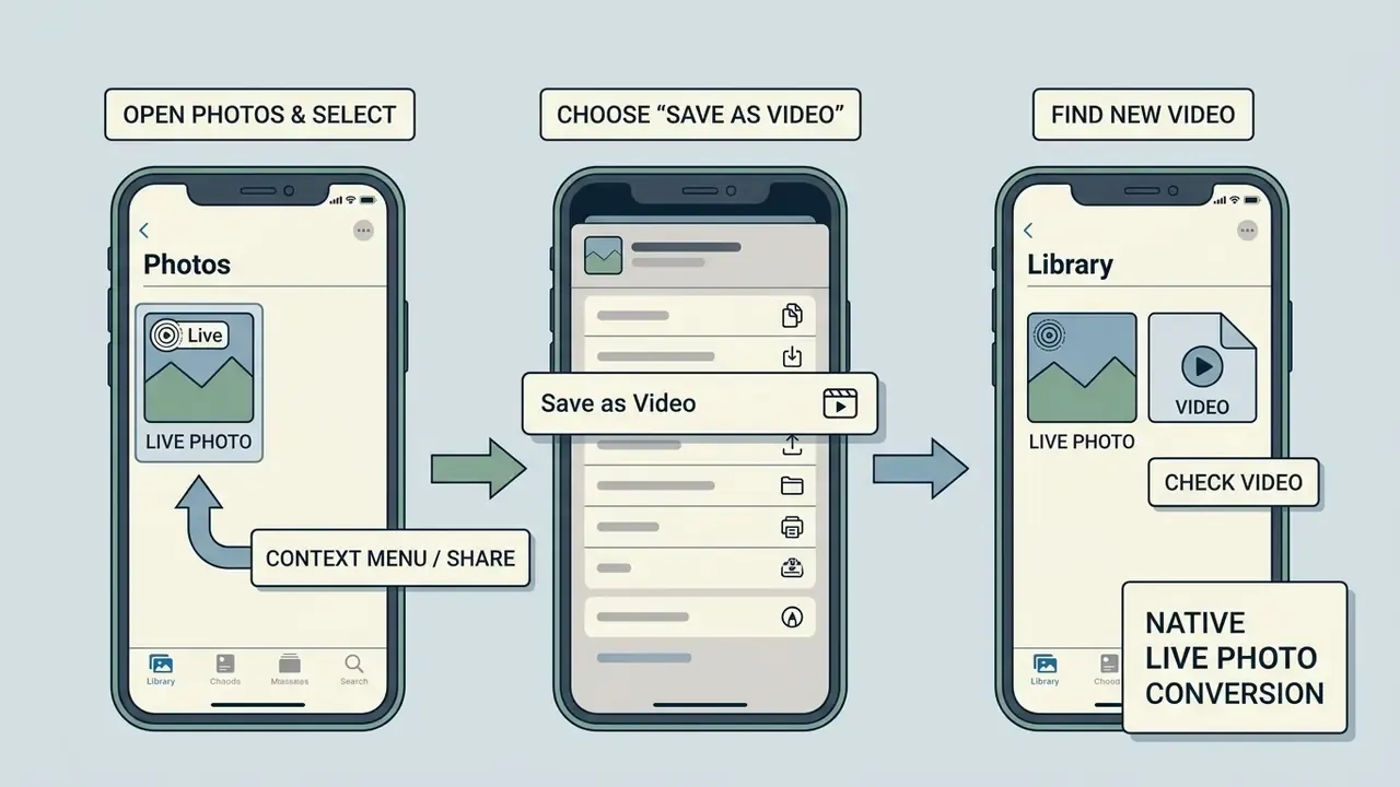 Three-step sequence showing how to select a Live Photo, save it as a video, and find the new file