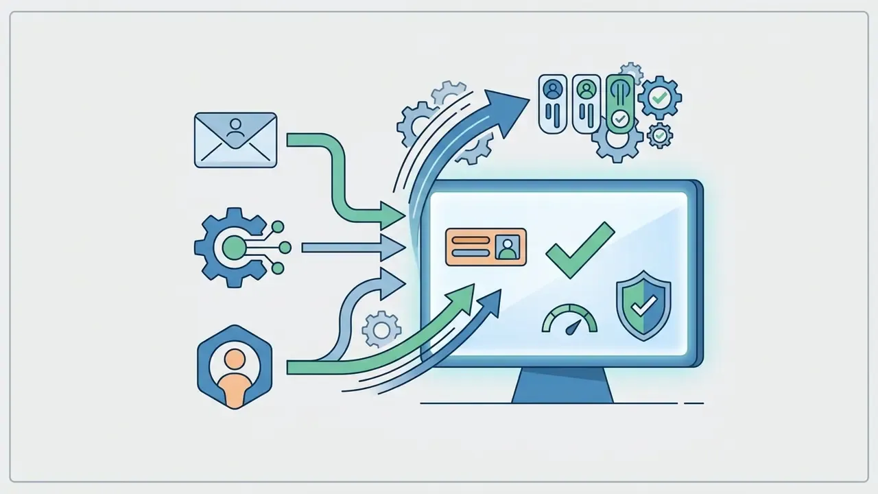 User authentication methods connecting to a computer screen showing account verification icons