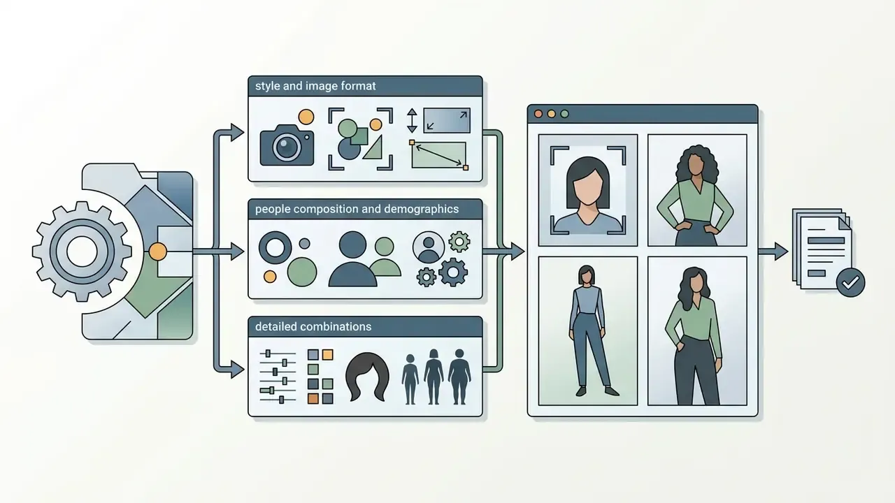 Gear system processing style, demographic, and composition filters to generate a grid of female portraits