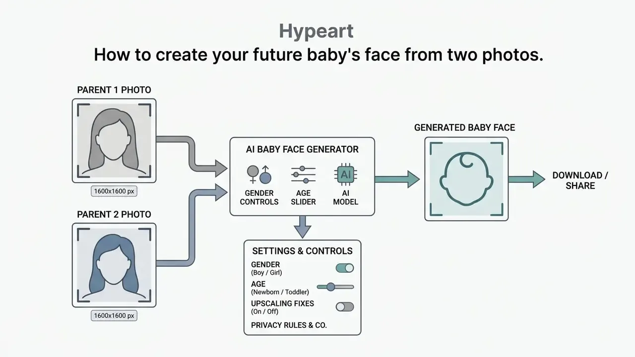 Flowchart showing how parent portrait photos are processed by an AI baby face generator with user controls