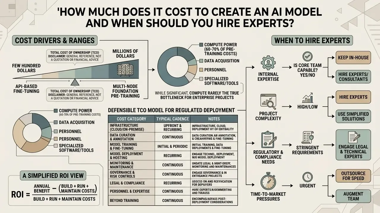Breakdown of AI model development costs, expense drivers, and decision factors for hiring external experts