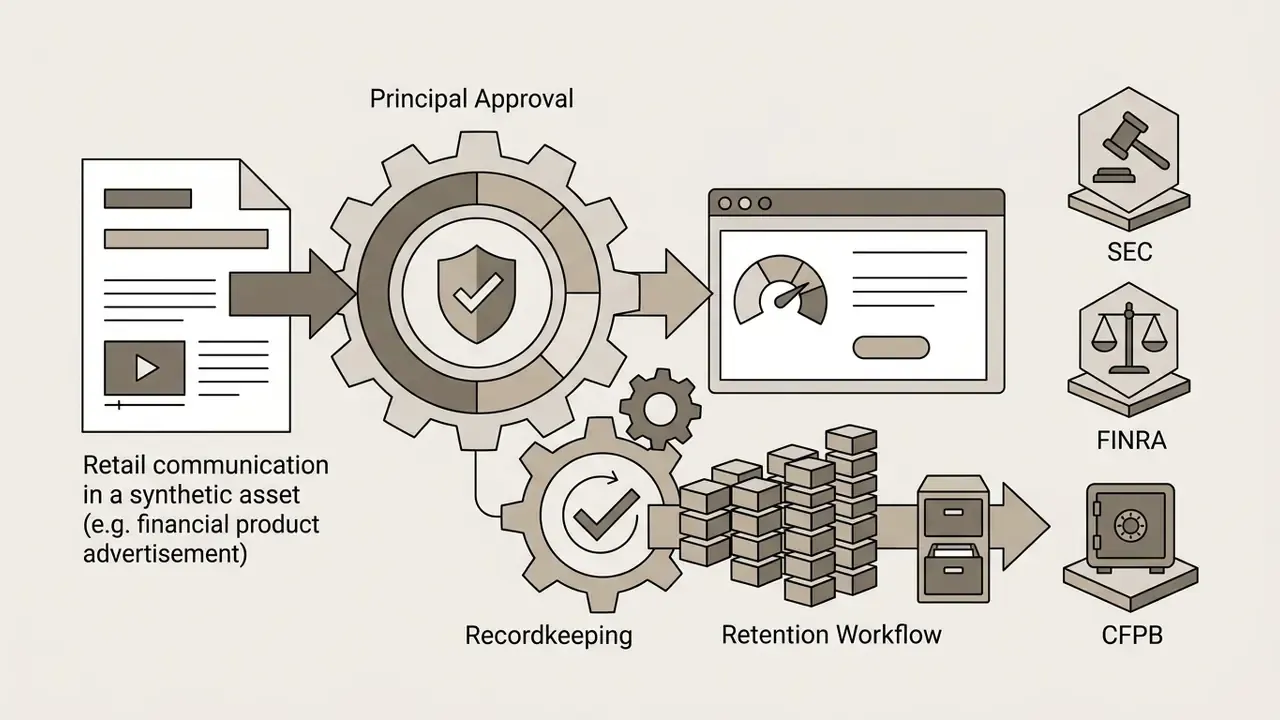 Financial communication moving through gears for approval and storage alongside regulatory agency icons