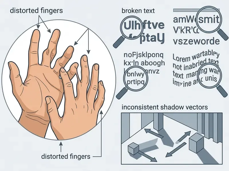Visual breakdown of synthetic errors featuring malformed hands, illegible text, and conflicting shadows
