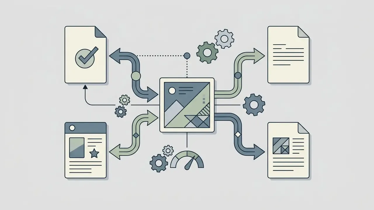 Central image processing unit linked to four document icons by directional arrows and mechanical gears