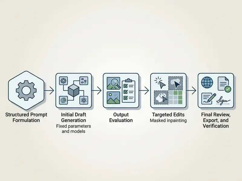 Five sequential steps for AI image generation showing prompt formulation, drafting, evaluation, and editing