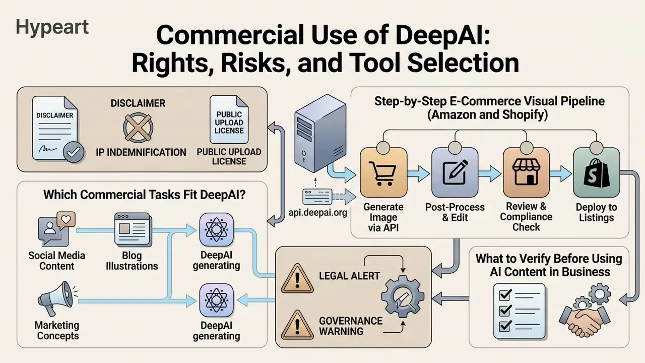 Summary diagram of DeepAI commercial workflows covering legal risks, e-commerce pipelines, and governance