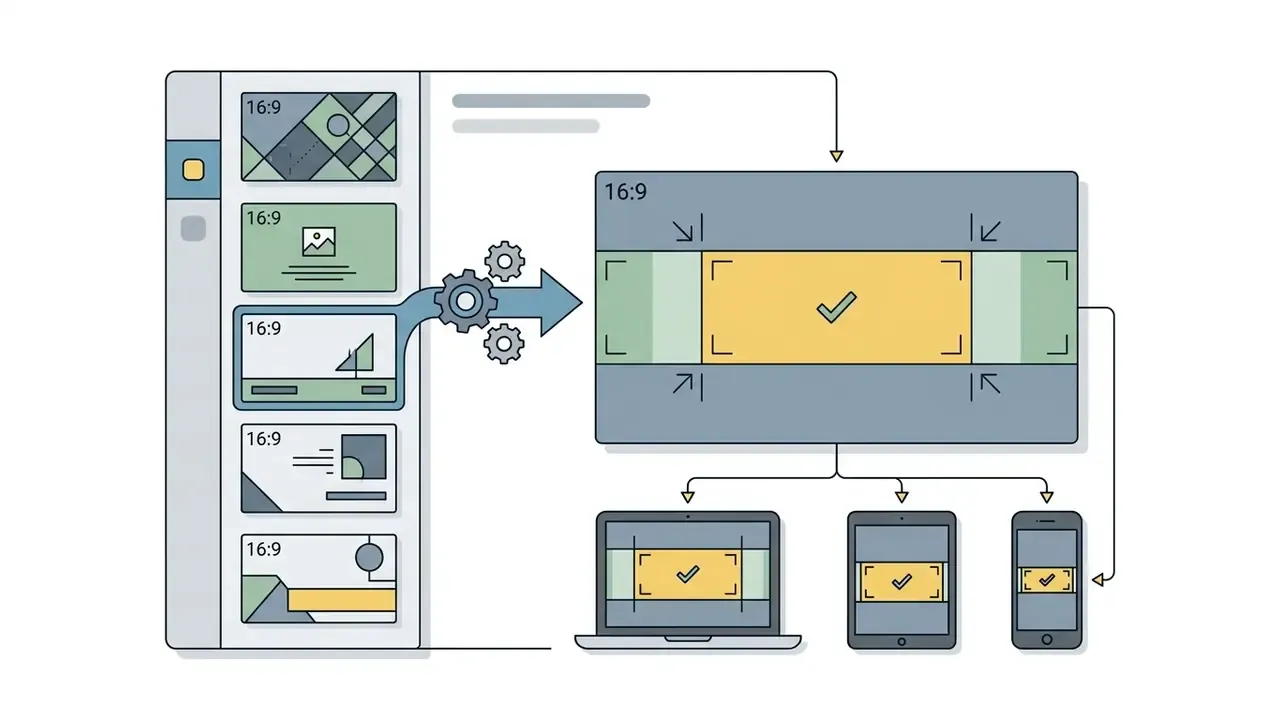 Selection of banner templates being processed into a responsive layout for multiple device screens