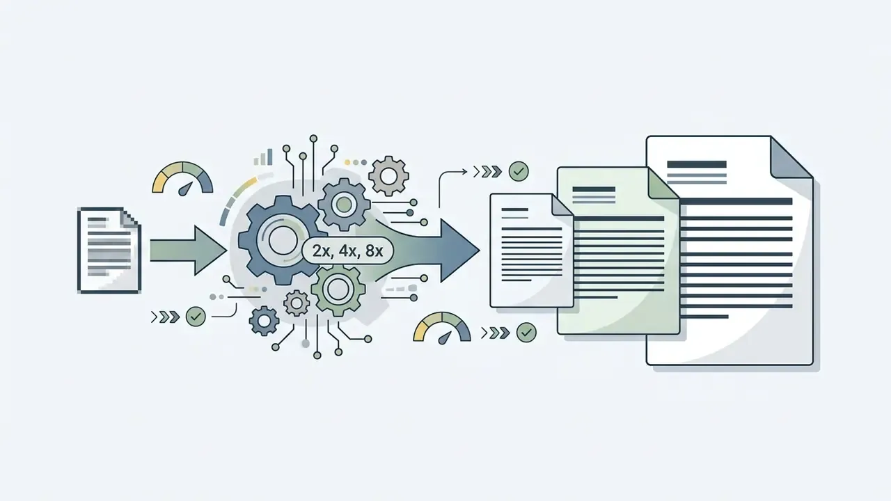 Document icon moving through a gear mechanism to emerge as larger, higher-resolution document versions