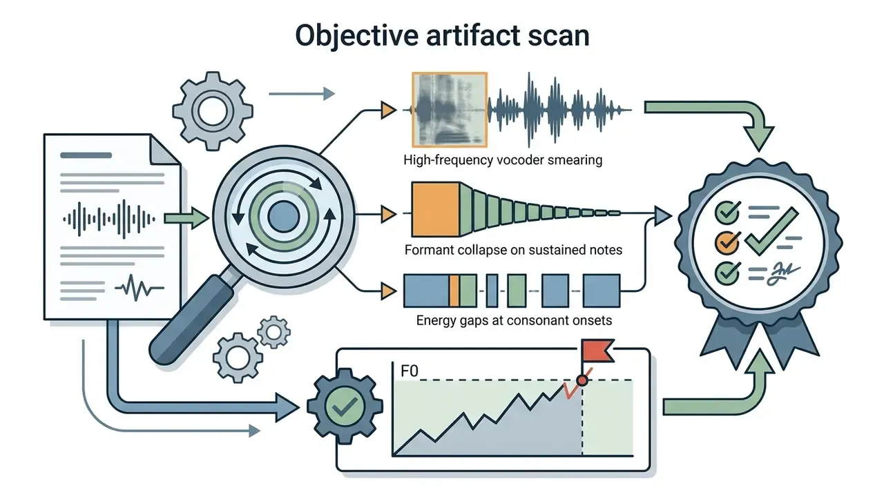 Magnifying glass inspecting audio artifacts and pitch data before reaching a certified approval seal