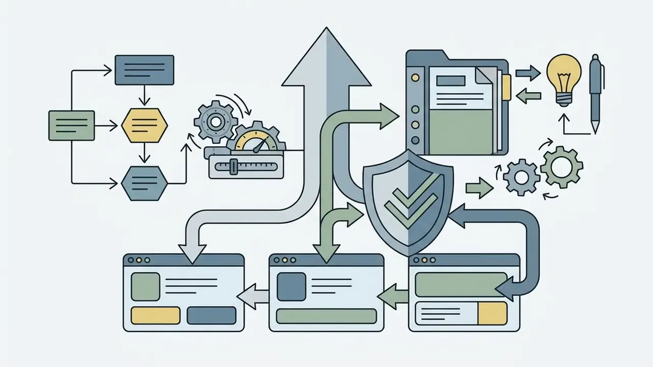 Process flow with gears, a shield icon, and document windows representing content oversight and management