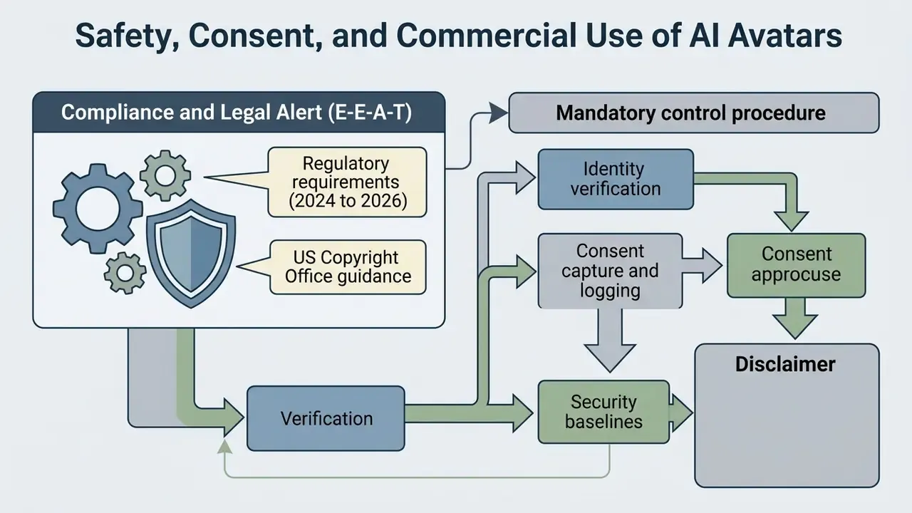 Flowchart outlining the legal compliance, verification, and consent procedures for AI avatar generation
