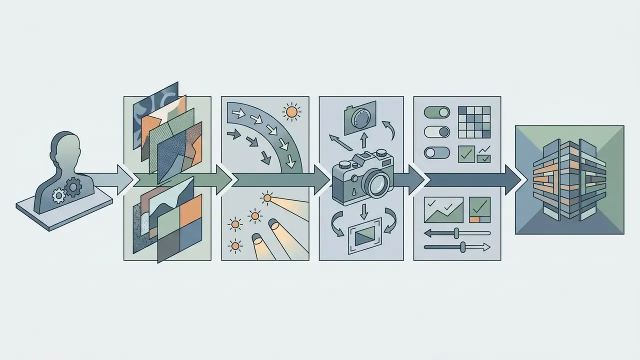 Series of icons showing a user inputting creative variables into a camera and settings workflow to generate art