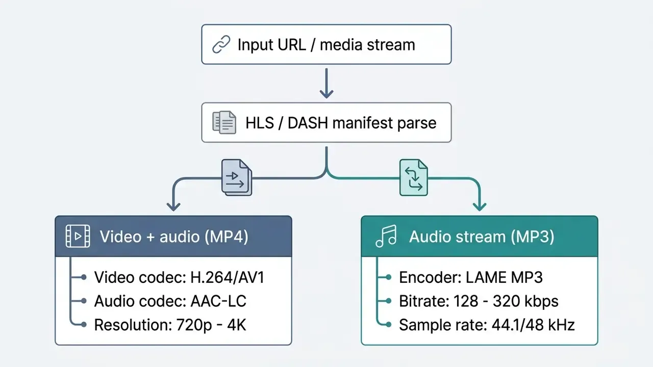 Block diagram showing media stream parsing into separate video and audio file format outputs