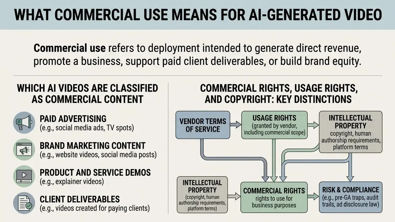 Infographic explaining commercial use for AI-generated video with categories and a legal rights flowchart