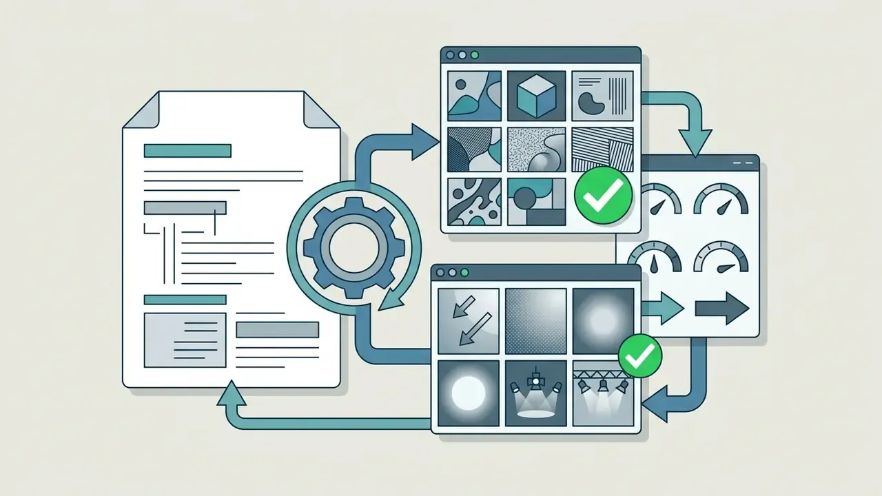 Document and gear icons connecting style and lighting library grids to control gauge panels
