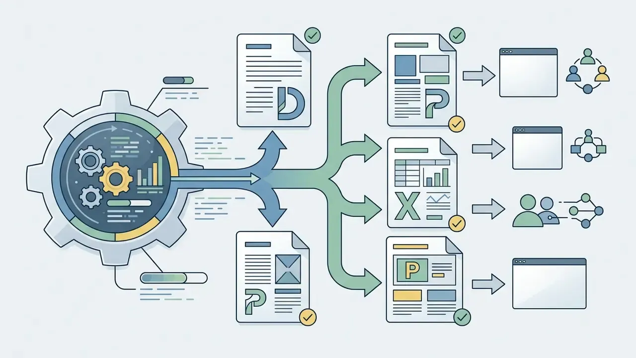 Central processing gear distributing document data into various file formats for team collaboration