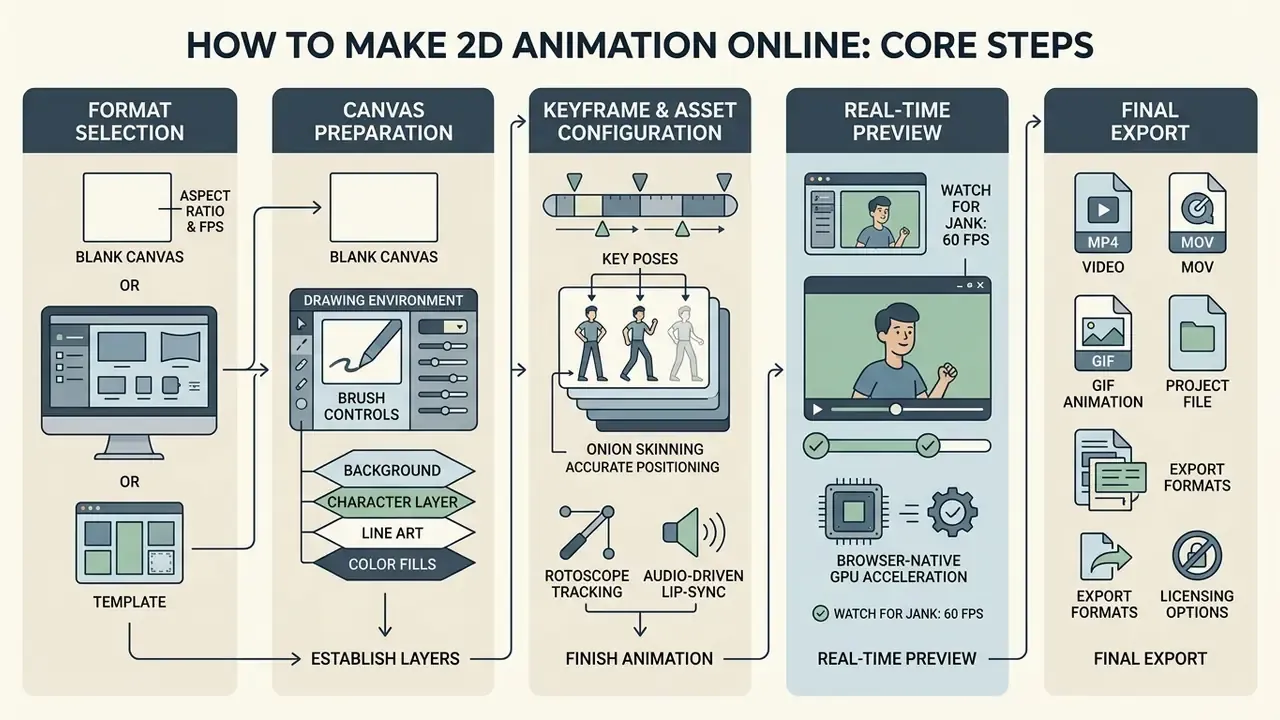 Five-step process diagram illustrating how to make 2D animation online from setup to final file export