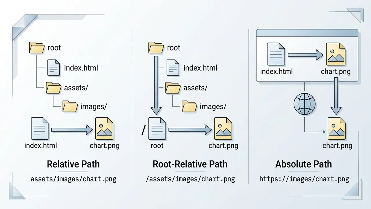 Diagram comparing relative, root-relative, and absolute file path structures for image linking