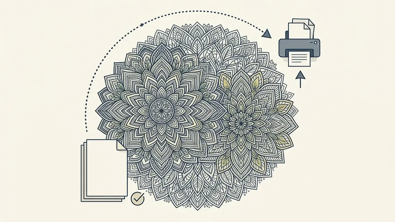 Complex mandala pattern moving from a document stack to a printer icon with a checkmark