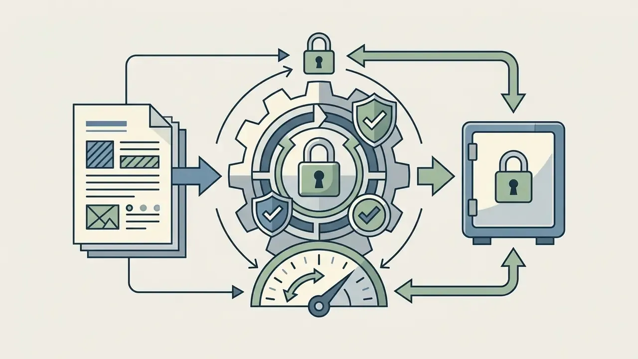 Documents feeding into a central gear mechanism that processes data into a locked vault for protection