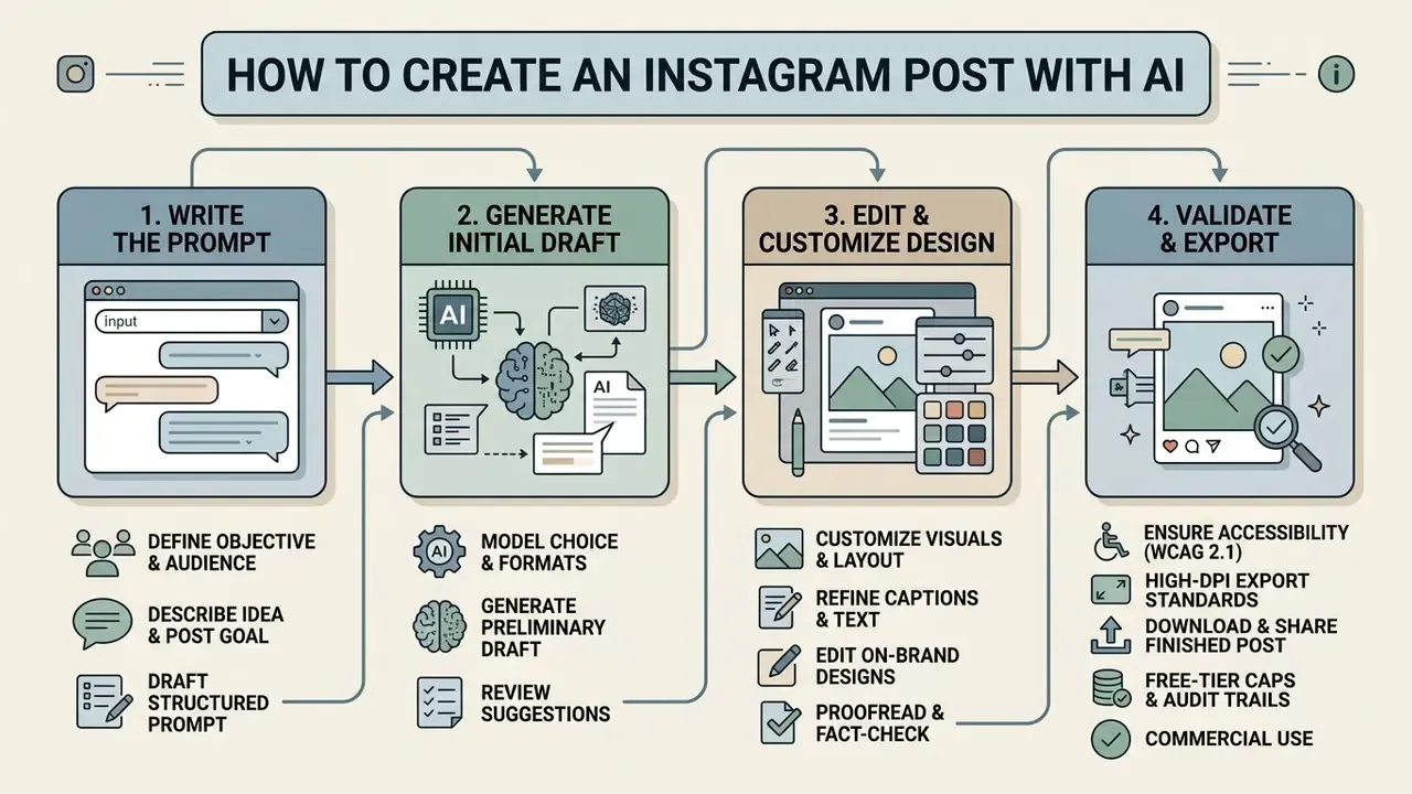 Step-by-step process diagram detailing the four stages of generating social media content using AI