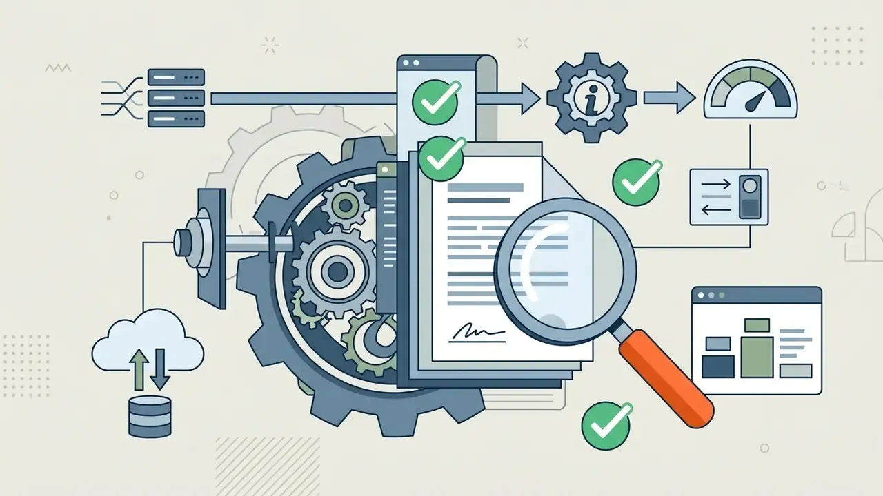 Magnifying glass examining document files and data processing gears with checkmarks indicating status