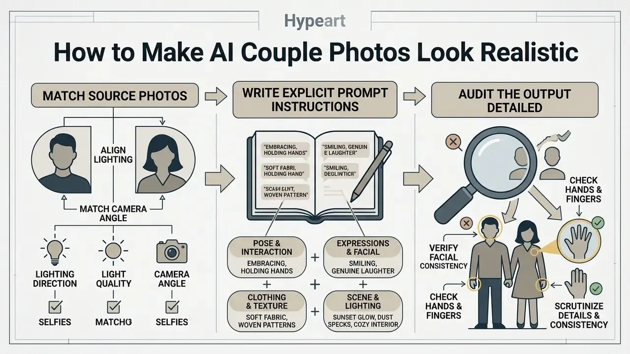 Infographic outlining three steps to improve AI couple photo realism through matching, prompting, and auditing