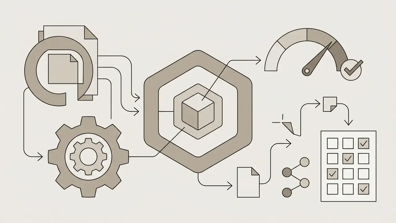 Diagram showing document processing and gear mechanics feeding into a central hub to create a test form