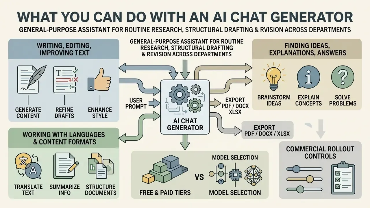 Infographic summarizing tasks like writing, research, and language translation with file export options