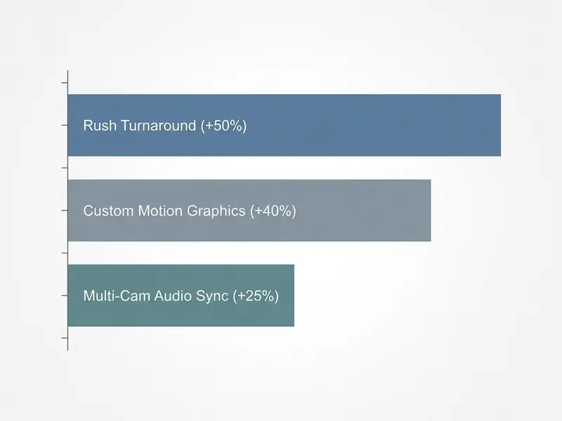Horizontal bar chart showing cost increases for rush turnaround, custom motion graphics, and audio sync